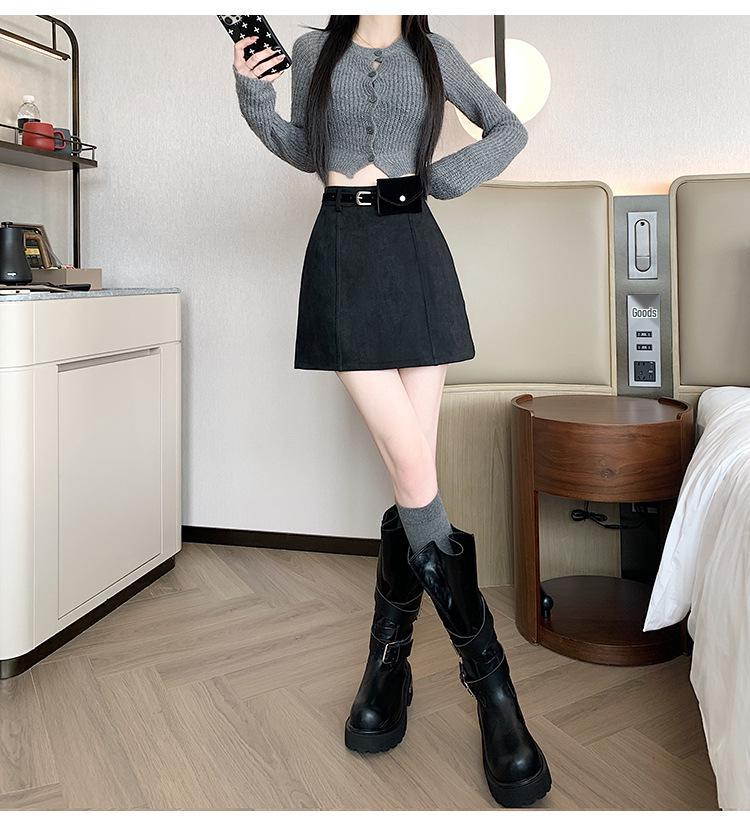 High-Waist Plus Size Korean Style PU Suede A-Line Skirt with Belt Bag - Spring/Autumn Women's Short Skirt