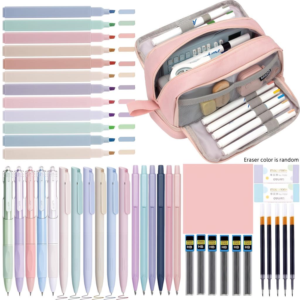 44 pieces of elegant stationery, including a large-capacity pencil case, 12 highlighters, 11 gel pens, and 6 fountain pens.