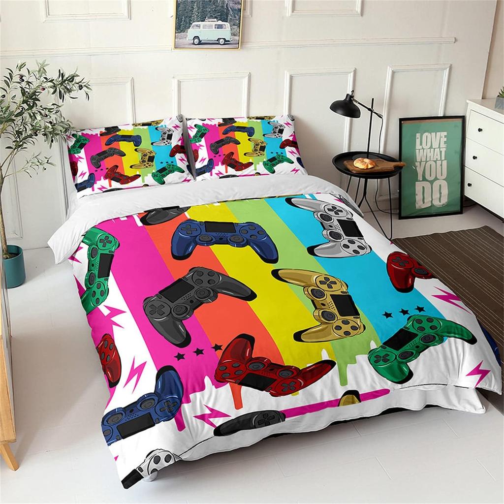 Gamer Duvet Cover Set Black Green Blue Anime Cartoon 3D Gamepad Bedding Set Boy Girl Teen Soft Polyester Quilt Cover Pillowcases