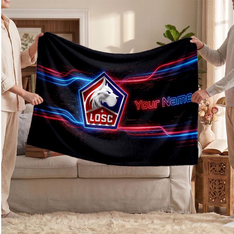 LOSC Lille FC Personalized Fleece Blanket With Football Logo, Custom Name Text Soft Warm Home Throw Blanket