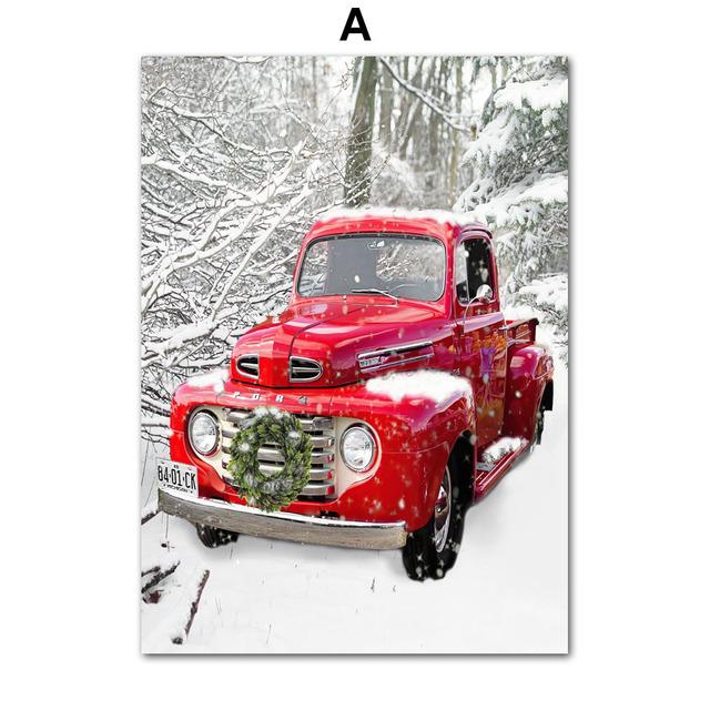Cuadro de paisaje de invierno, pintura en lienzo, arte de pared, pino, coche rojo, casa de pino, árbol, póster e impresión para decoración del hogar, regalo de Navidad