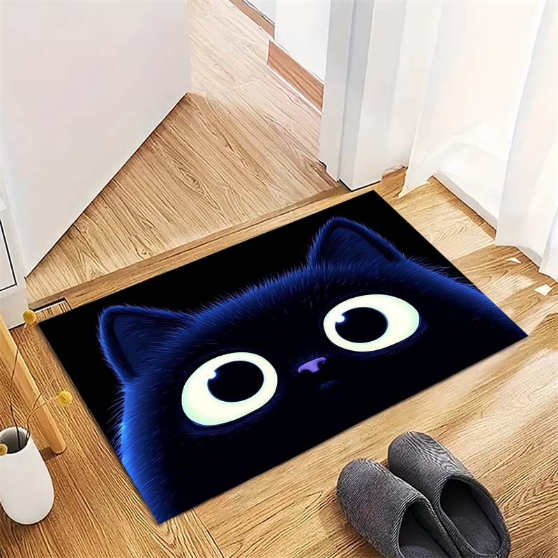 Glowing Eyes Black Cat Non-Slip Doormat, Dark Kawaii Pet Print Floor Mat