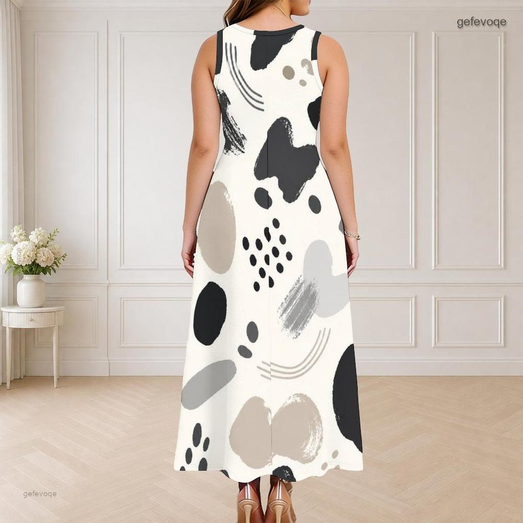 Women Plus Size Round Neck Triple Keyhole Cutout Sleeveless Abstract Printed Long Dress