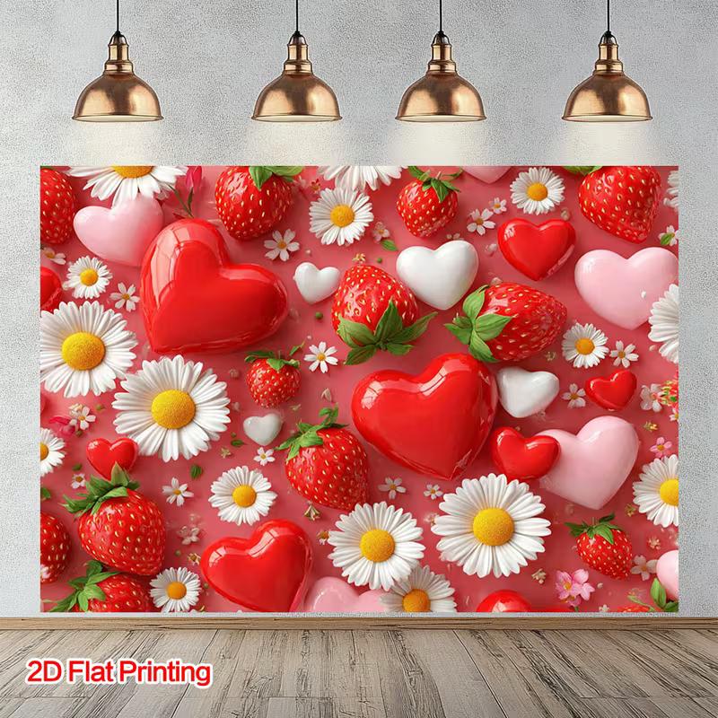 

Romantic Strawberry, Heart and Daisy Backdrop Pink Themed Background Cloth for Birthday and Party 47.2x31.5inch/120*80cm