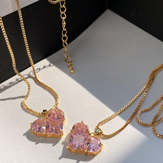 Ladies Necklace Cubic Zirconia Shining Geometric Shape Charming Wear-resistant Dress Up Hypoallergenic Pink Heart Pendant Necklace Jewelry Accessory