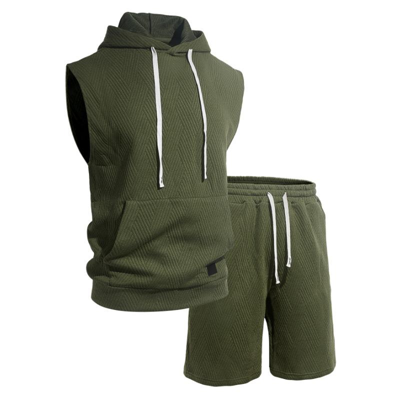 Mens Casual Solid Textured Sleeveless Hoodie And Shorts Set