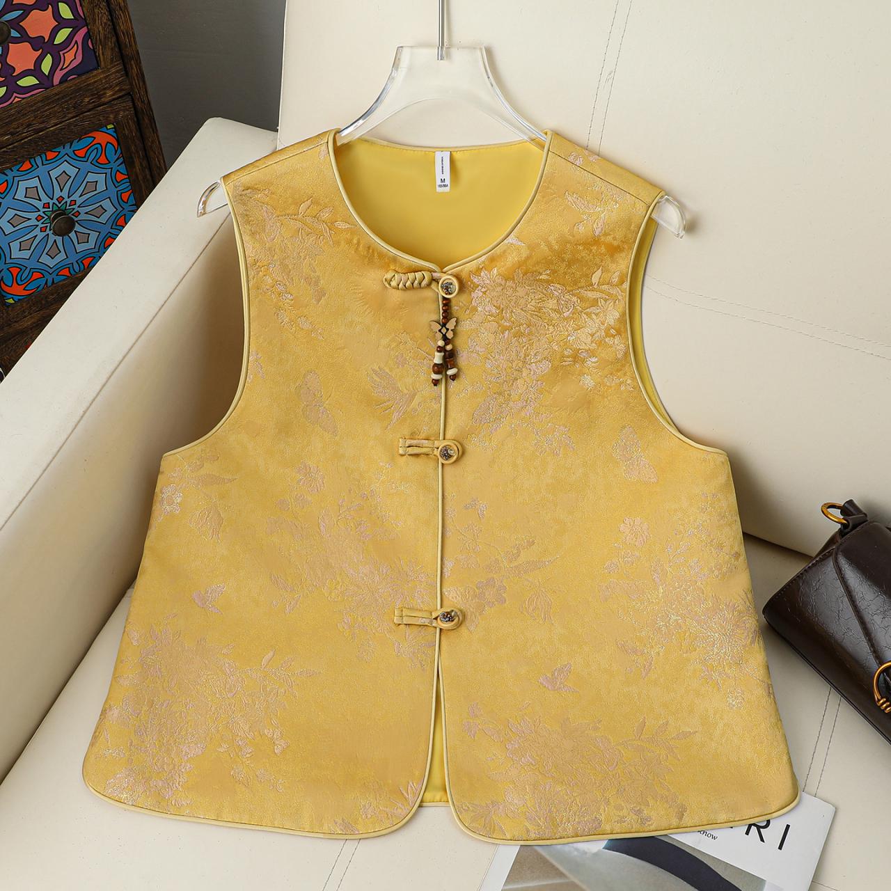 

Women s Jacquard Embroidery Frog Button Vest - Sleeveless Cardigan for Middle-Aged & Elderly Mother, Spring/Autumn Fashion XL жёлтый