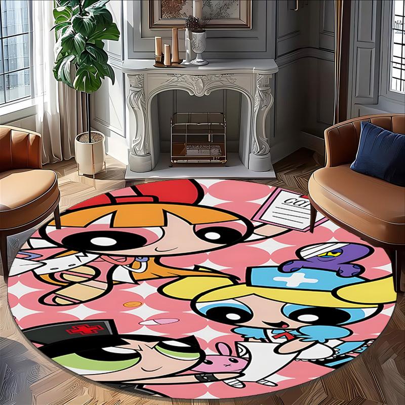 1pc Powerpuff6 Carpet, Round Rug, Comfortable, Suitable for Entryways, Living Rooms, Office, And Bedrooms, Christmas Decoration