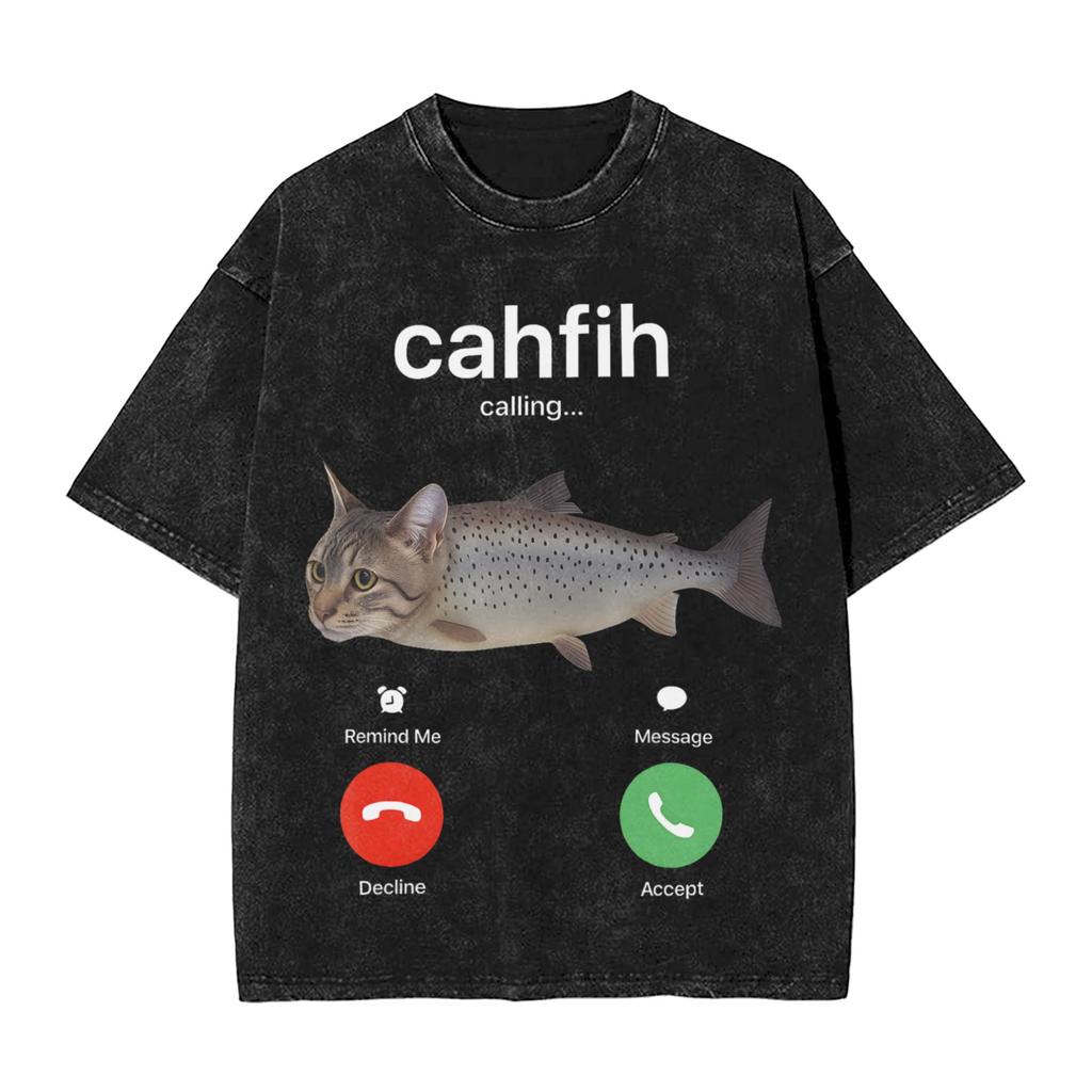 Cahfih Funny Catfish Fih Meme Washed T Shirt Man Y2k Basic Cotton T Shirts Summer Oneck Harajuku Tees Loose Oversized Clothing