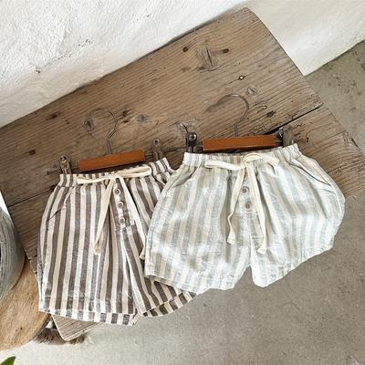 Pantalones Cortos Rayados de Lino y Algodón Vintage para Bebés Niños Pantalones Cortos Casuales con Botones y Bolsillo Ropa para Niños Pequeños Niñas 0-24M
