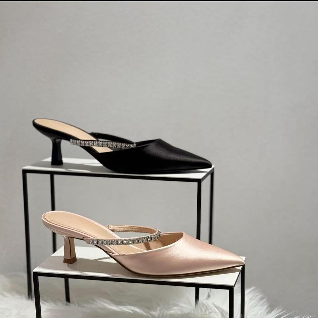 CHENGMAIZU25 Summer Rhinestone Pointed-Toe Stiletto Mules - Women's Closed-Toe Sandals