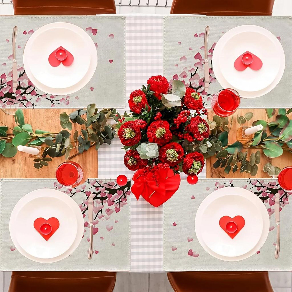 4PC Valentine's Day Placemats Set of 4 Love Heart Shaped Branch Linen Table Mats Decorations Wedding Anniversary Banquet Kitch