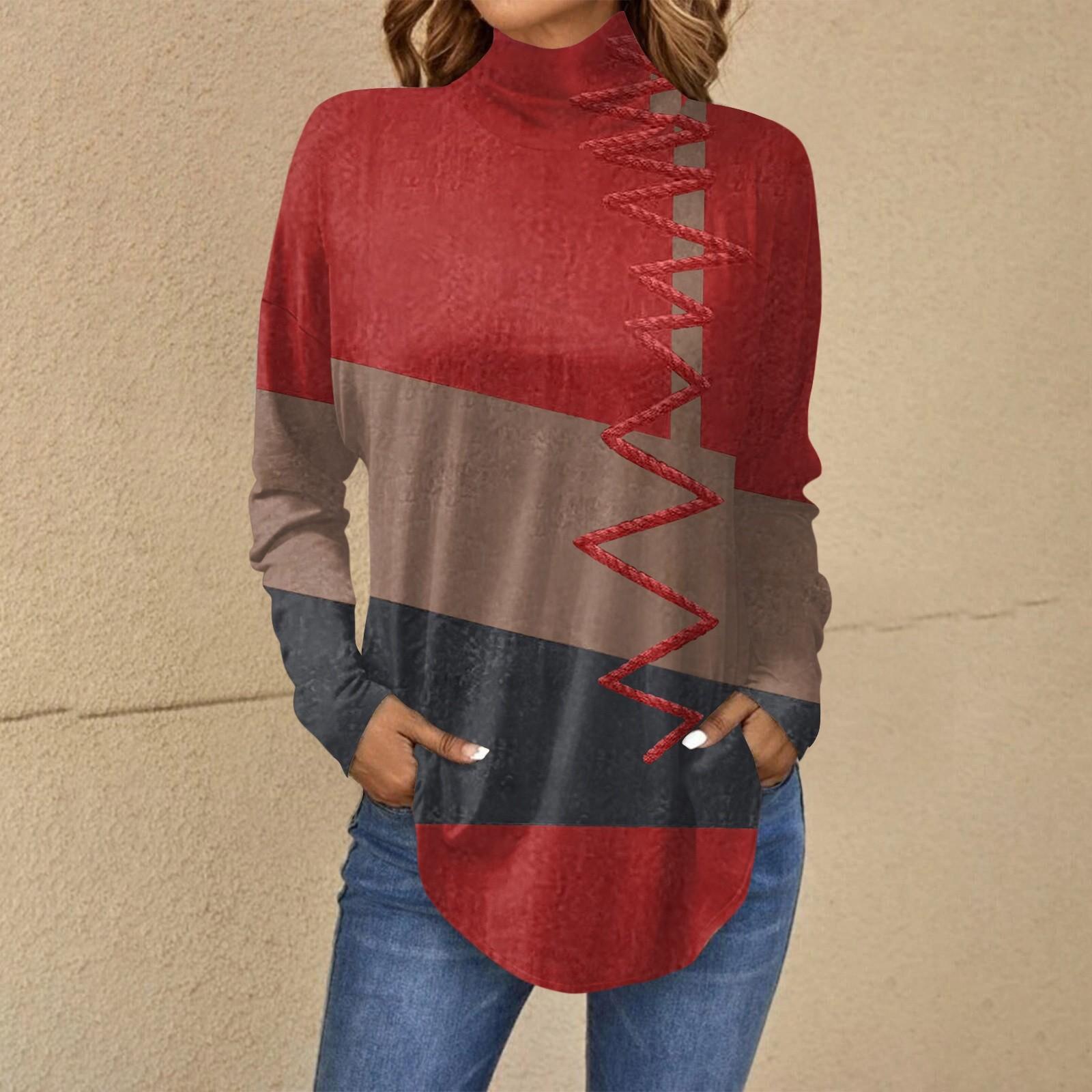 

Женская мода Свободная футболка с длинным рукавом с высоким воротом и принтом Повседневные топы Пуловер M