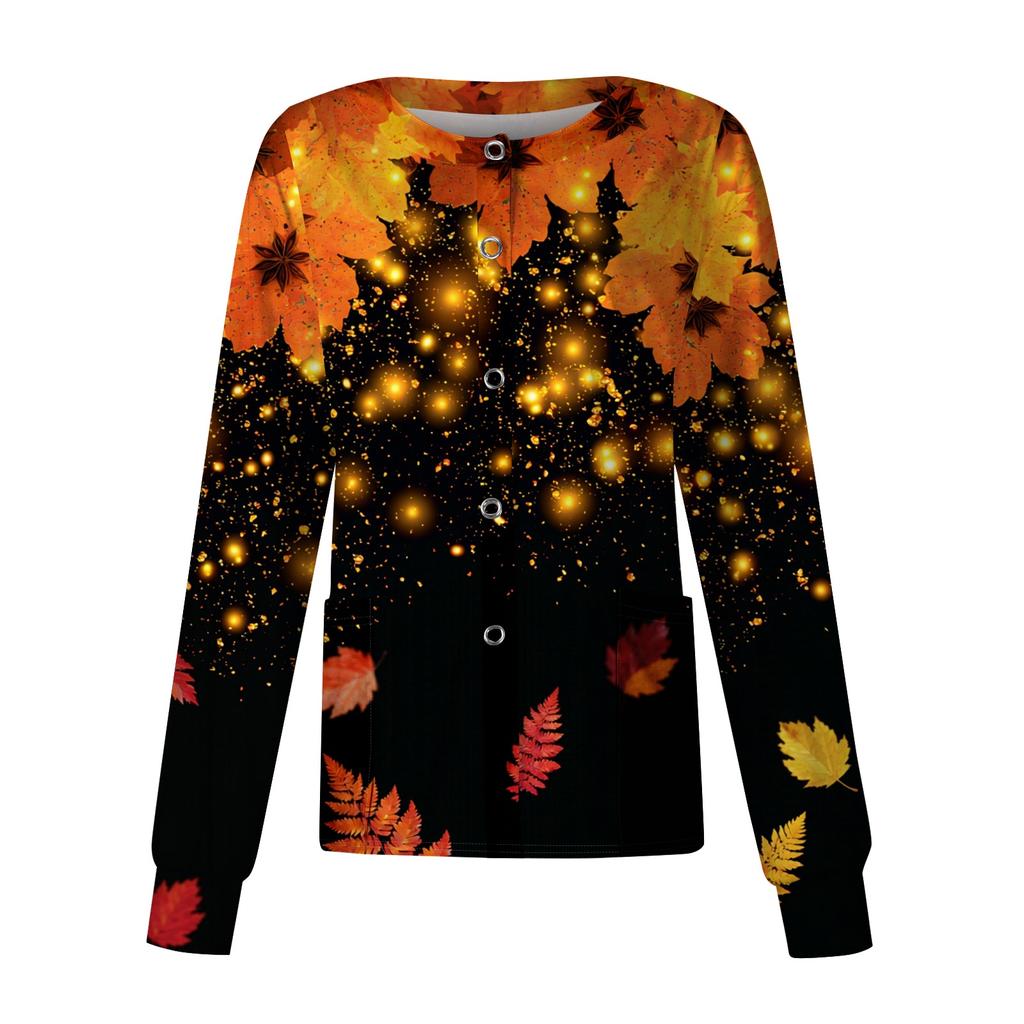 Women's Casual Long Sleeve Button Front Cardigan with Leaf Floral Print - Caregiver Uniform Top