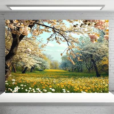 2D Nature Spring Meadow Backdrop Blooming Tree Photography Background