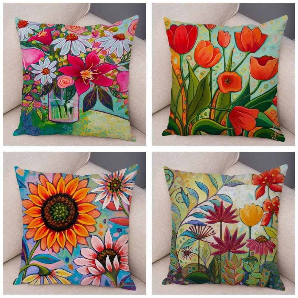 Nordic Watercolor Flower Pillowcase Soft Plush Decor Cartoon Floral Plant Cushion Cover for Sofa Home Children Room Pillow Case