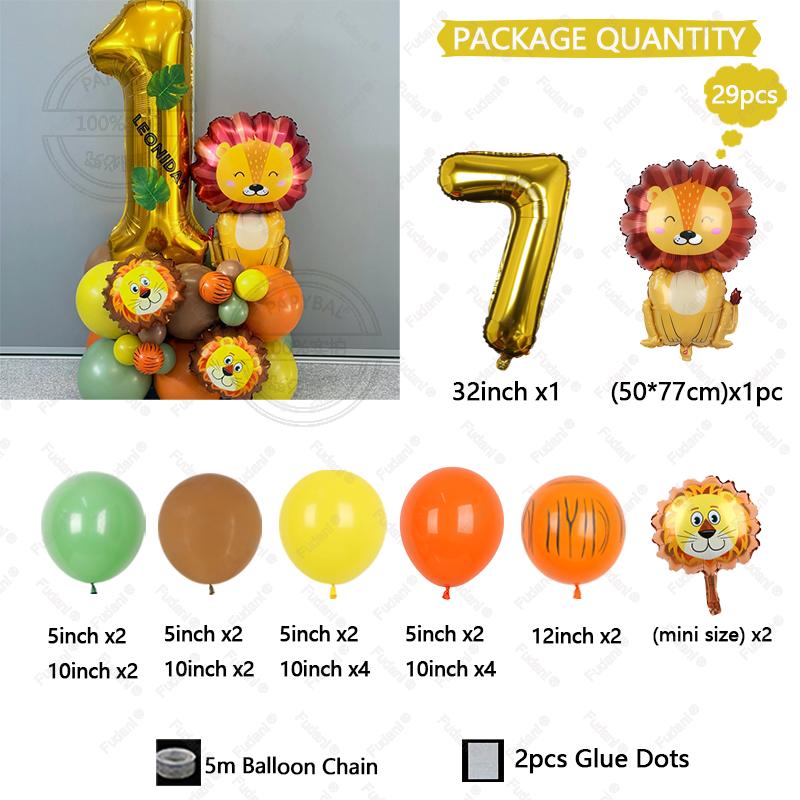 Set de 29 ballons dorés Chiffres 1-9 Anniversaire Ballon Lion Dessin Animé Thème Animaux de la Jungle Décoration de Fête Accessoires Photo Festival