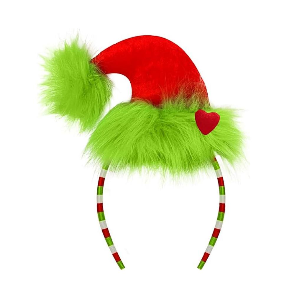 Green Plush Headband Christmas Hat Accessory With Red Heart Pattern Fun And Novelty Costume Accessory Christmas Party Accessory