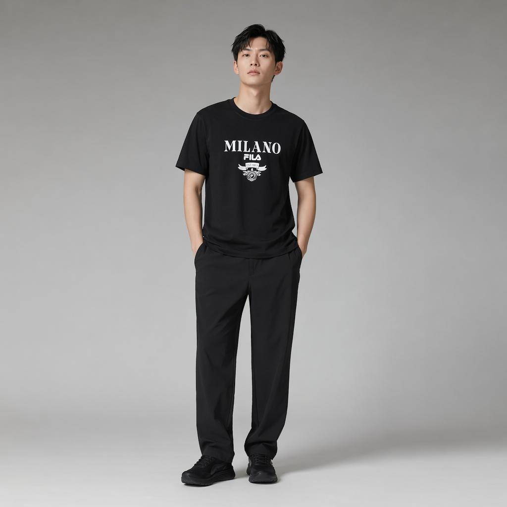 FILA Milano Series Comfortable Casual Knitted Short Sleeve T-Shirt Men Tops Black F11M515102FBK