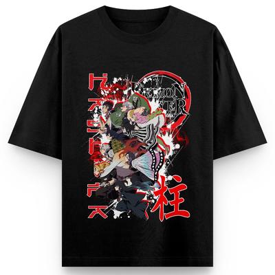 Demon Slayer Hashira T-shirt Herr Svart Anime Pelartryck Grafisk T-shirt Japansk Kanji Bokstävering Oversized Streetwear
