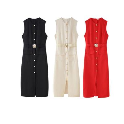 European and American Women's Sleeveless Belted Midi Dress - Chic, Round Neck Style