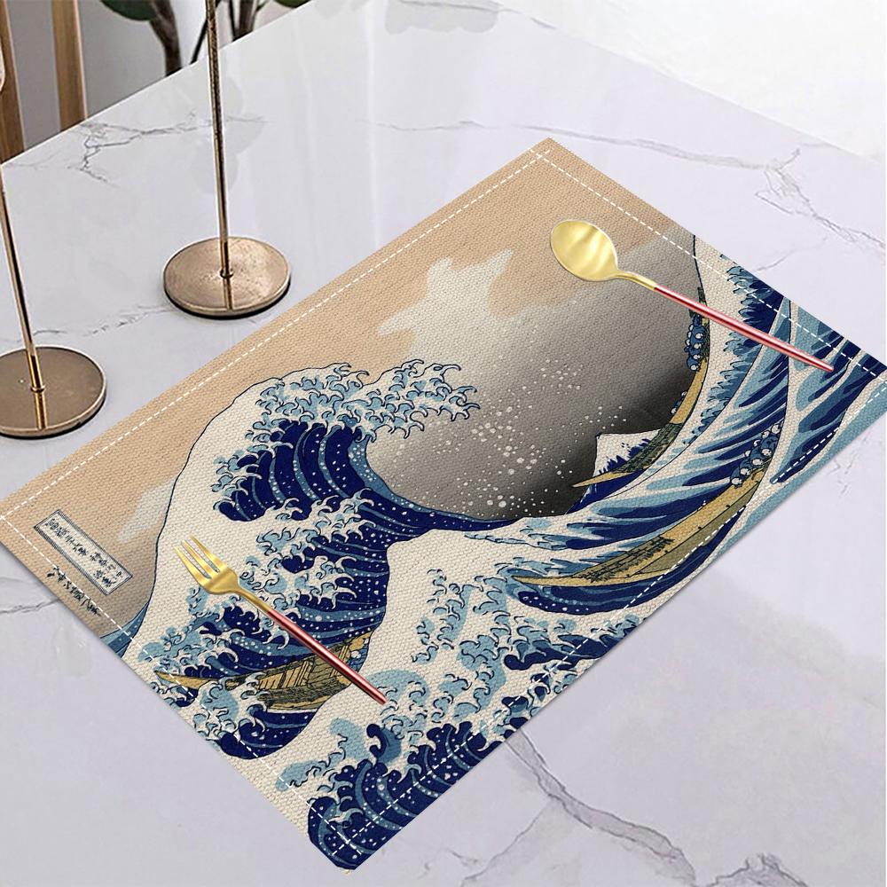 Japansk Ukiyo-e Stil Linne Dukunderlägg Halkfria Bordsunderlägg Rektangulära Halkfria Matsalsbord för Kök Heminredning Viktiga Tillbehör