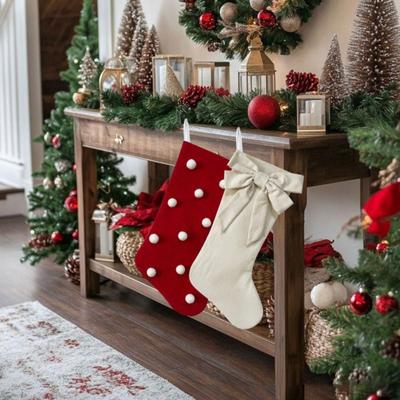 Yousheng Christmas Stockings with Hanger Bowknot Plush Balls Decor Striped Print Candy Holder Festive Tree Decoration