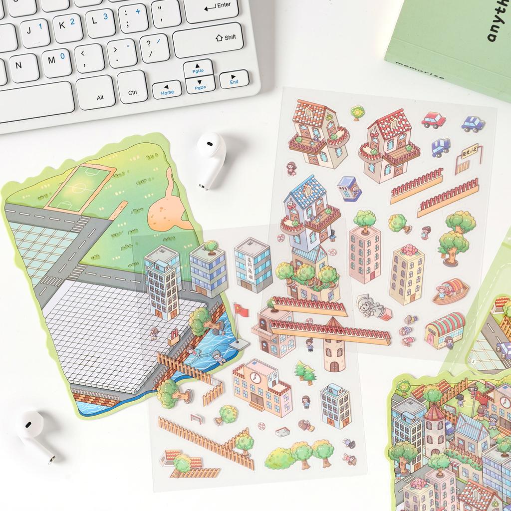 12 Sheets/4 Bags City Theme 3D Scenery Stickers Stress Relief Game For Scrapbooking DIY Collage Phone Case Frame Decoration