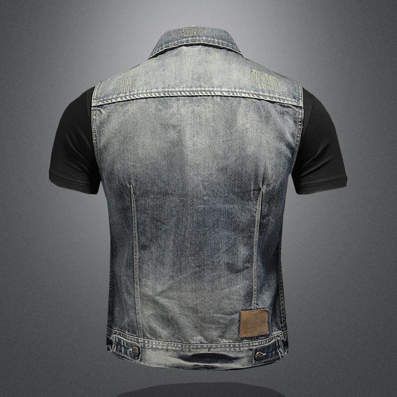 Cross-border European and American Retro Distressed Denim Vest Men's Plus Size Simple Sleeveless Slim Denim Vest MJ5171