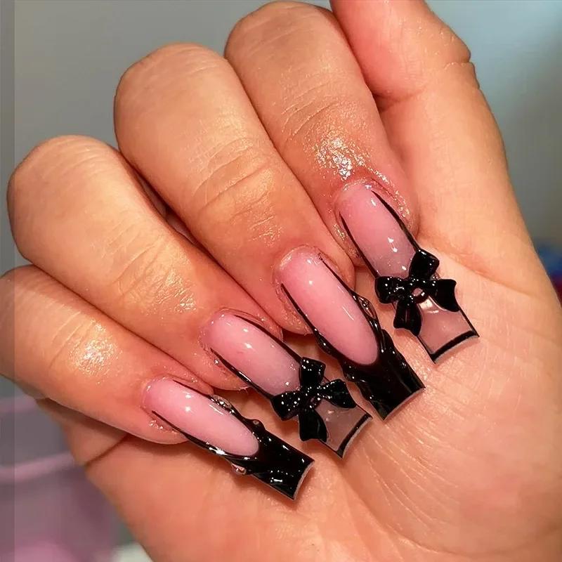 24Pcs Green French Fake Nails With Diamond Gold Butterfly Elegant Long Square Acrylic Artificial Press On Nails