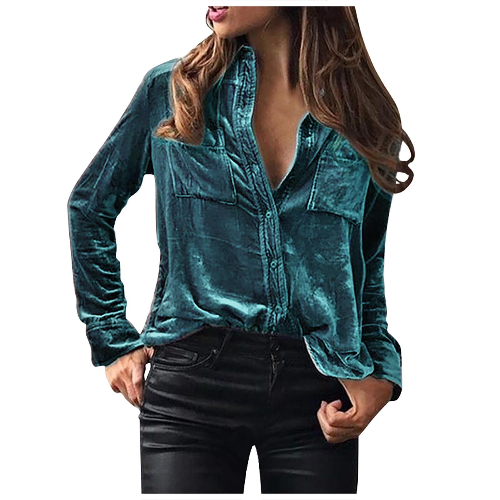 Women s Winter Fashion Velvet Long Sleeve Button Pocket Casual Shirt Top S