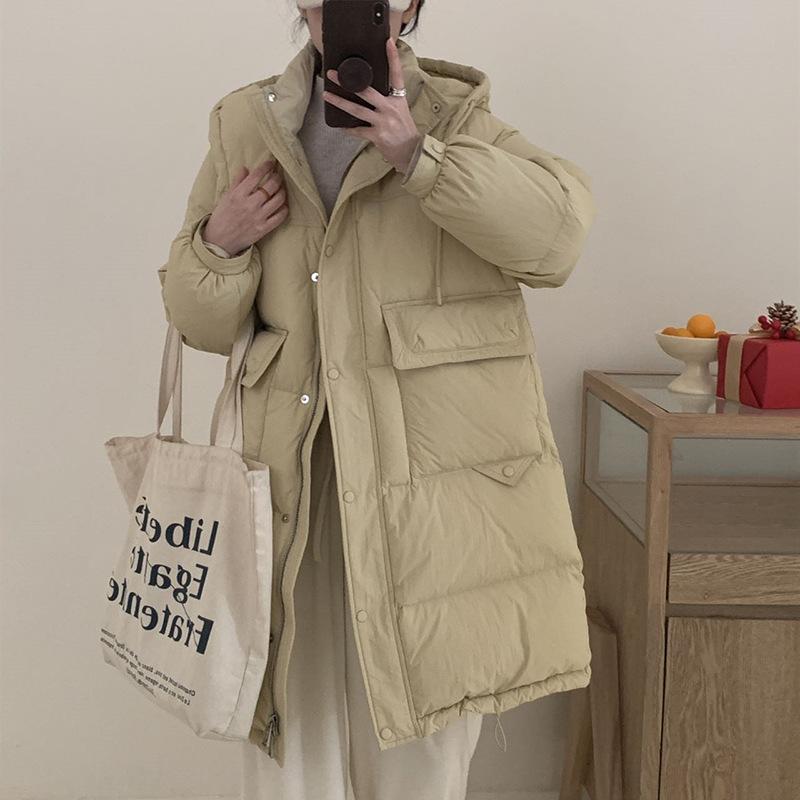 Lange Daunenjacke mit großer Tasche für Damen 2025 Wintermode Verdickte Kapuze Über Knie Süße weiße Entendaunenjacke