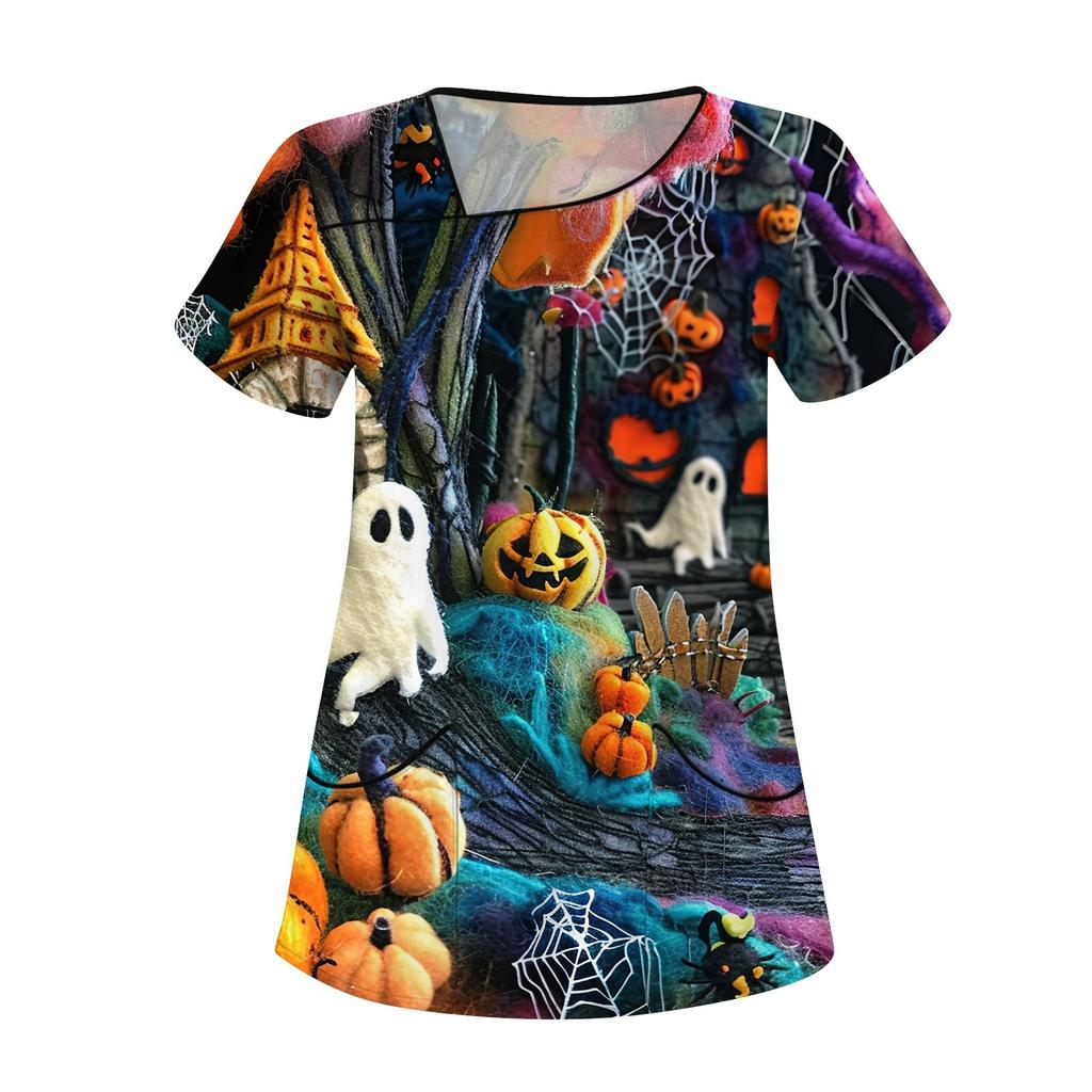 Dámské potištěné pracovní oblečení, šikmý límec a dvojité kapsy, základní top pulovr