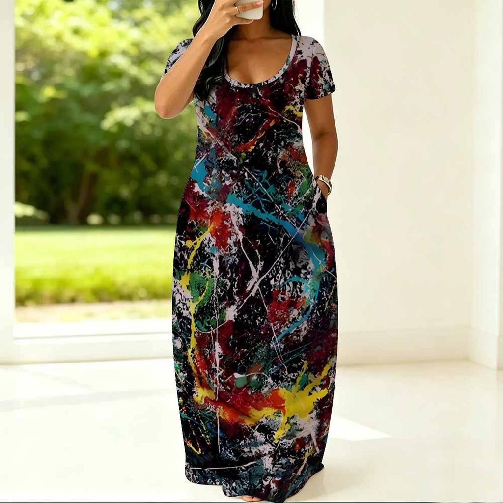 Women Loose Round Neck Short Sleeve Gown Plus Size Stylish Outfit Ideal For Summer Outdoor Activities