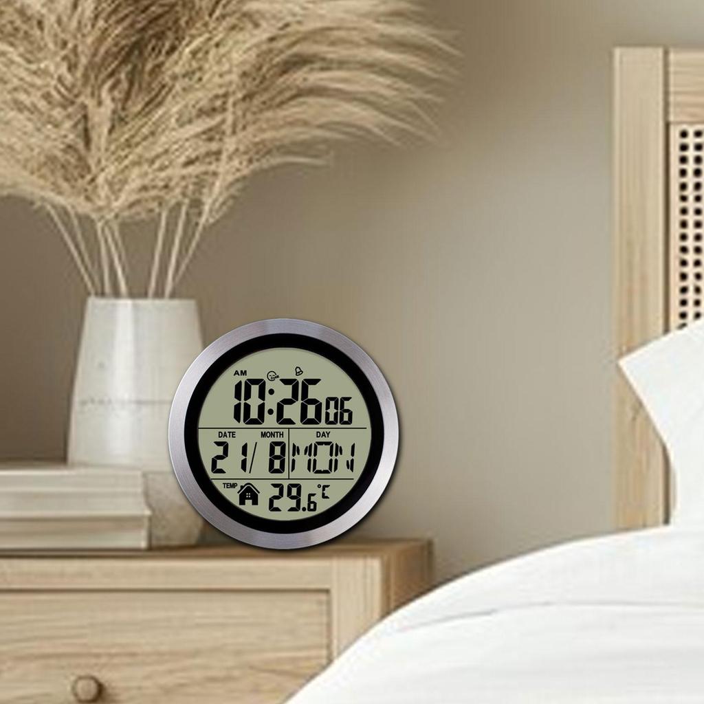 Digital Alarm Clock Round Date Week 12/24H Multipurpose Battery Operated Wall Clock for Living Room Gym Office Bedroom Hotels