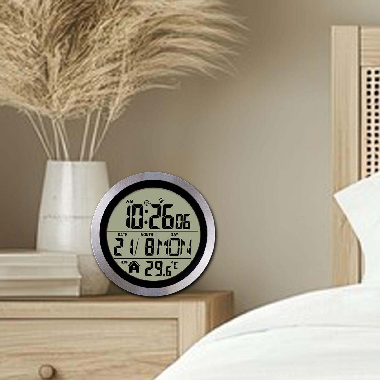 

Digital Alarm Clock Round Date Week 12/24H Multipurpose Battery Operated Wall Clock for Living Room Gym Office Bedroom Hotels