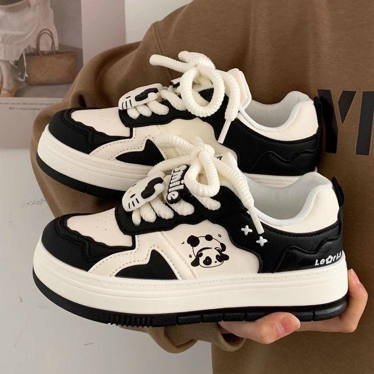2025 Spring Niche Panda Black and White Ugly Cute Little White Shoes Children Platform Versatile Leisure Students Running Board Shoes Tide
