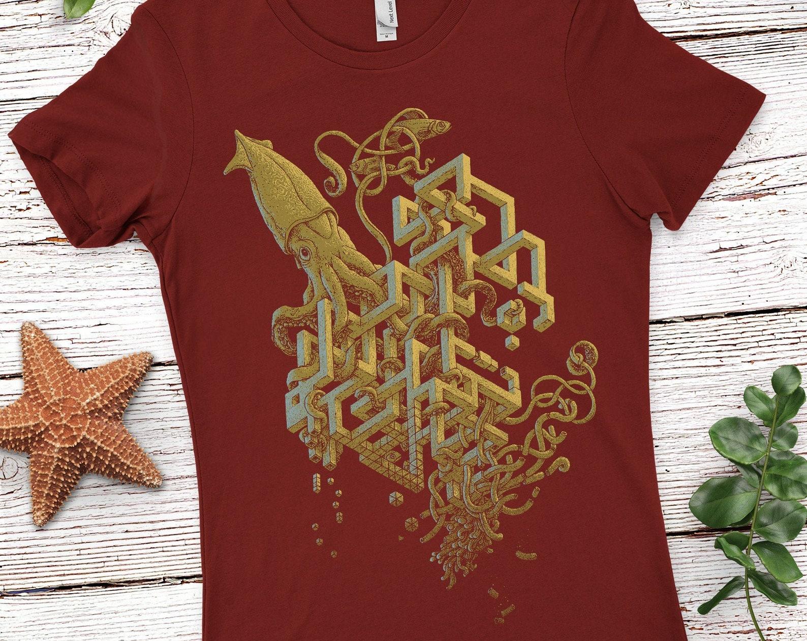 Impossible Squid Graphic Tee - Women s Surreal Ocean Art T-shirt, Weird shirt XL