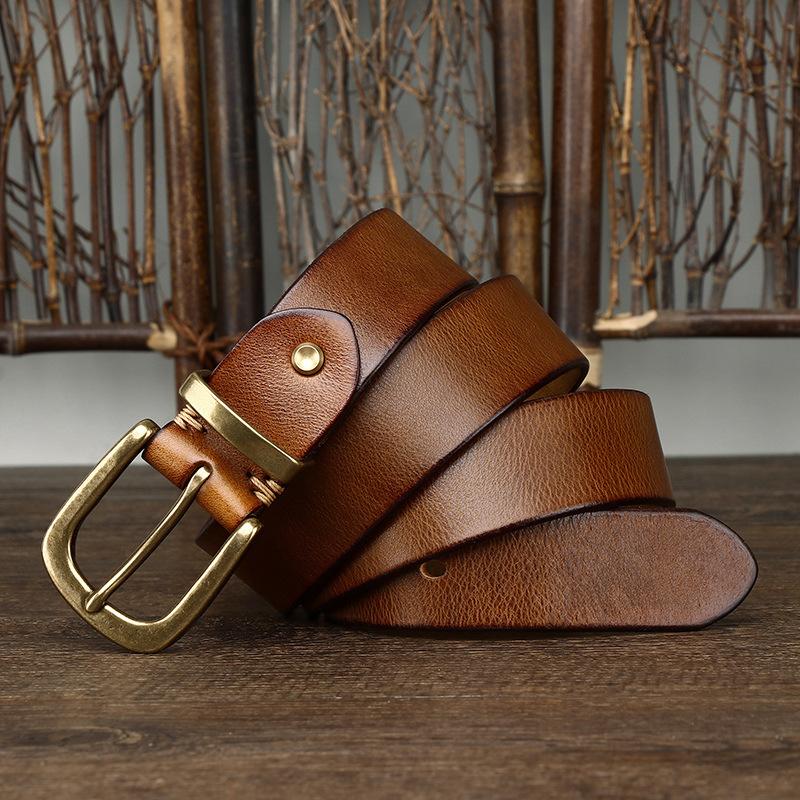 

Ремень из натуральной кожи первого слоя в стиле ретро с медной пряжкой для мужчин 130cm