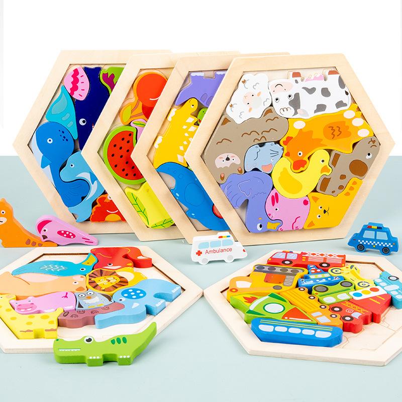 3D Wooden Puzzles for Kid Educational Montessori Toy Cartoon Animal Fine Motor Training Hand Grasp Board Gift Jigsaw Toy Gift