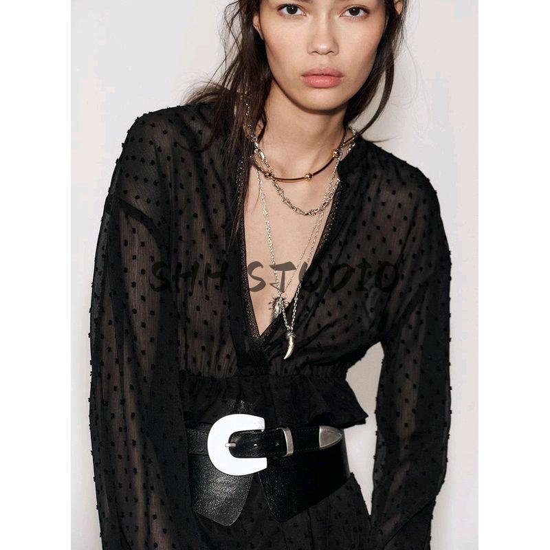 Spring New Women's Clothing Hepburn Style Laminated Decoration Fashion Tulle Long Sleeves V-neck Dress 2207809