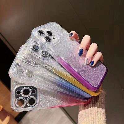 Luxuriöse 2-in-1-Hülle aus glitzerndem Papier mit Farbverlauf für iPhone 15 Pro Max 14 13 12 Pro 11, vollständige Abdeckung mit glitzernder Linsenfolienabdeckung