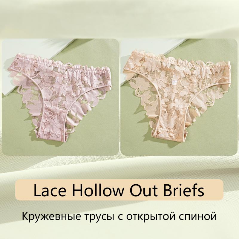 FINETOO 2Pcs Women's Satin Floral Lace Underwear Sexy Hollow Out Panties Solid Low-Waist Perspective Briefs Girls Soft Lingerie