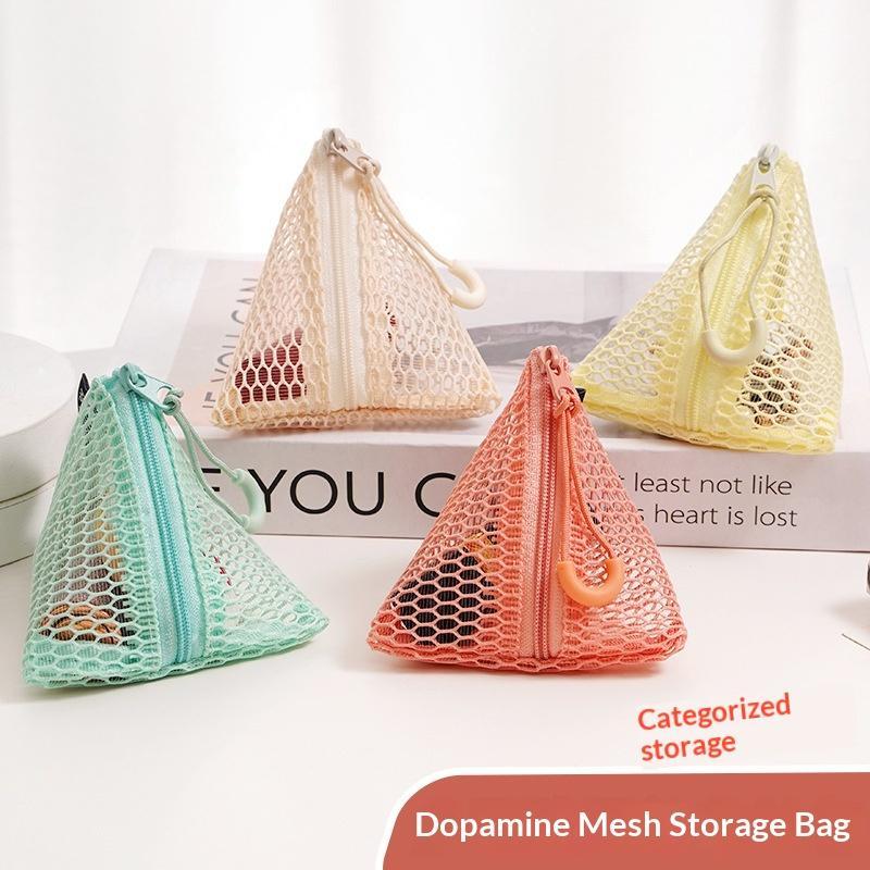 Triangular Mesh Bag Lipstick Jewelry Cosmetic Bag Portable Rope Design Mini Coin Purse Dopamine Color Candy Color Storage Bag