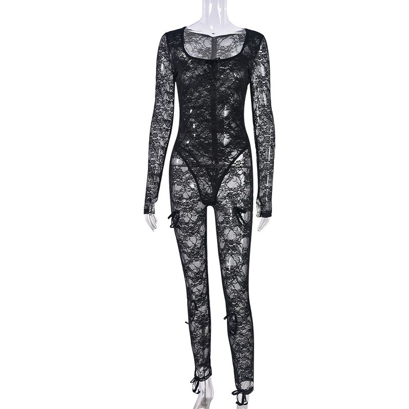 

Tall Beauty Sexy Sexy Women s Clothing U-Neck Long-Sleeved See-through 11028 Lace Back Zipper Jumpsuit Black S