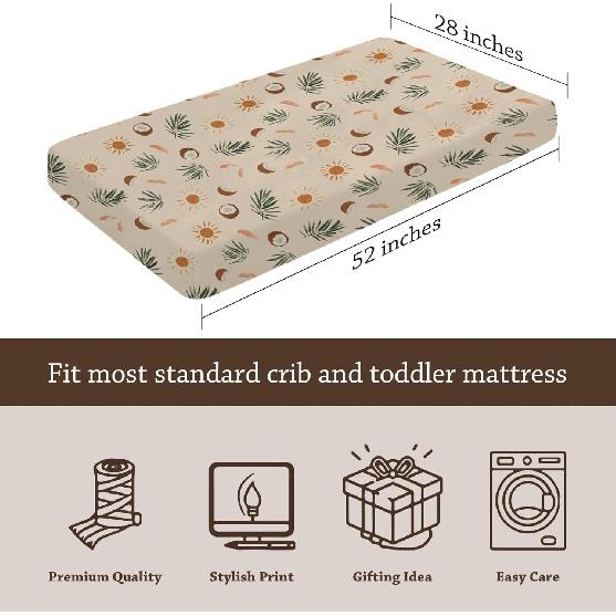 Summer Palm Coconut Sun Leaves Pattern Baby Sheets for Crib, Unisex Summer Theme Nursery Fitted Bed Sheet for Boys Girls Standard Crib and Toddler