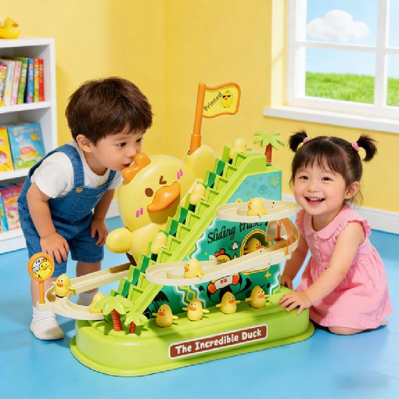 New Cute Refueling Duck Climbing Stairs Acousto-Optic Electric Series Duckling Rotating Slide Track Interactive Children'S Gifs