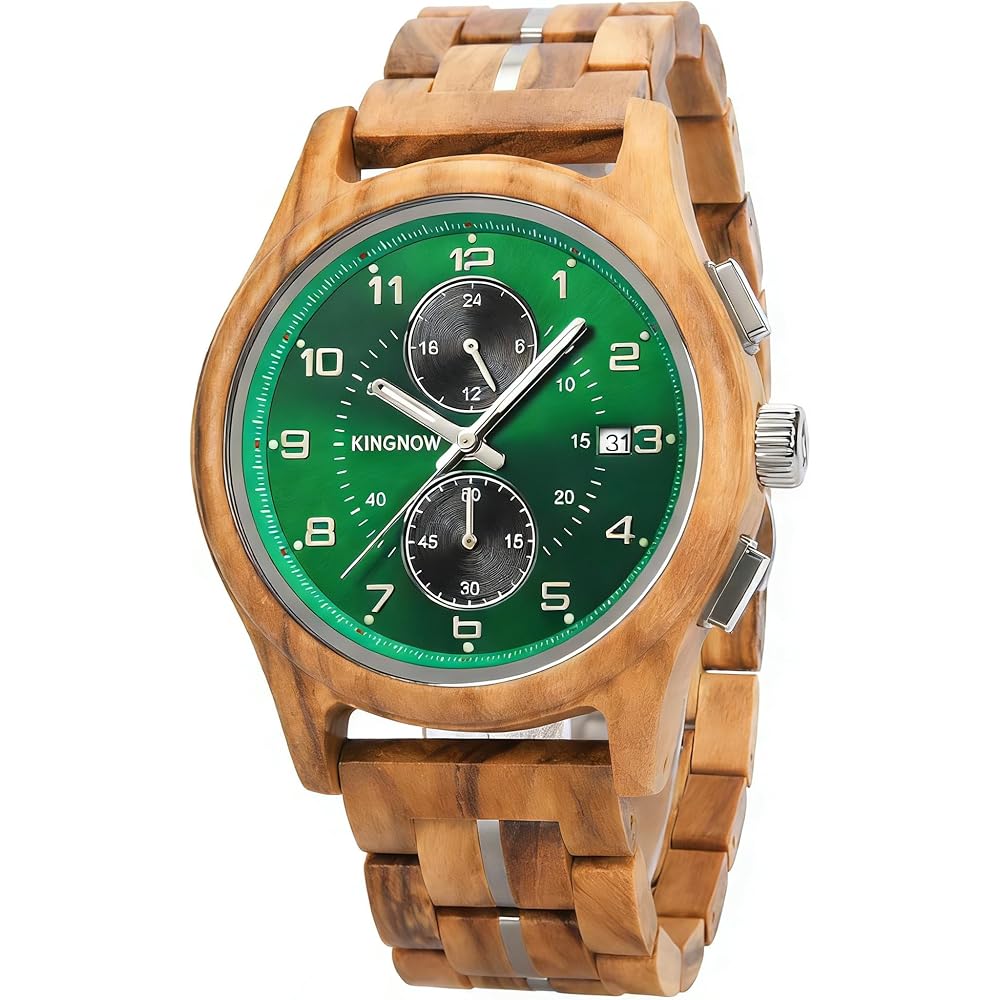 Men s Wooden Chronograph Watch Multi-Function Date Display Lightweight Wood and Metal Band Retro Design Green