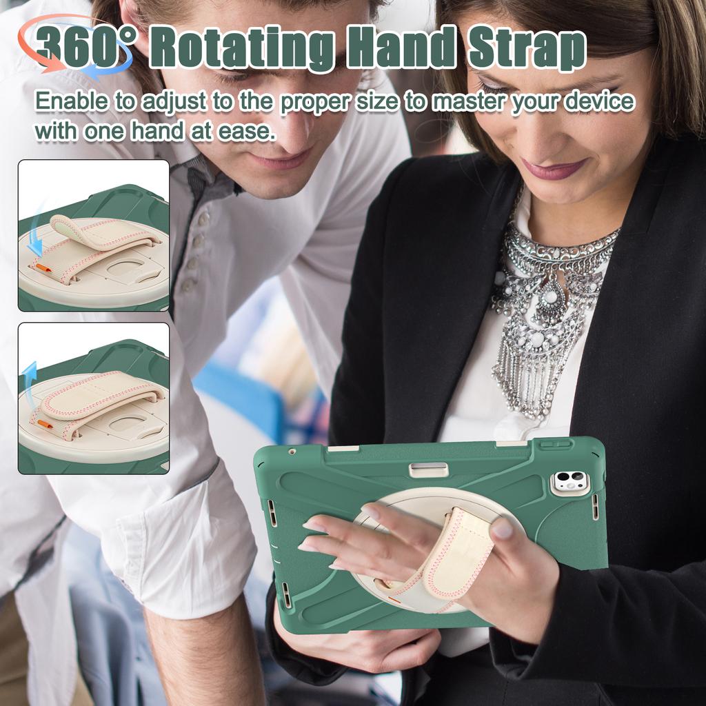 For iPad Pro 11 (2025)/11 (2024) Case Rotary Kickstand PC+Silicone Hand Strap Tablet Cover