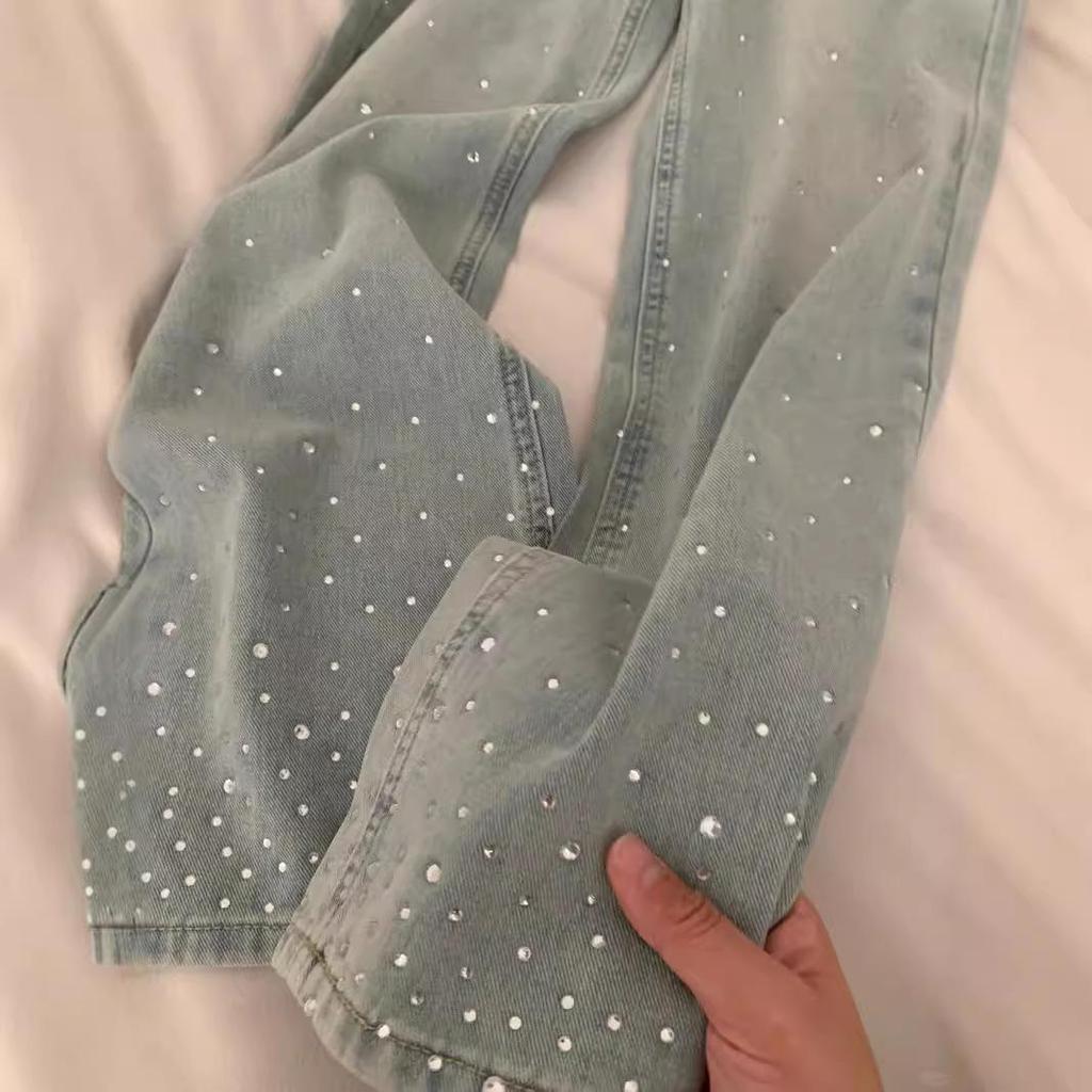 Autumn High Waist Light Straight Jeans for Women - Plus Size, Slim Loose Fit, Wide Leg with Hot Diamond Design